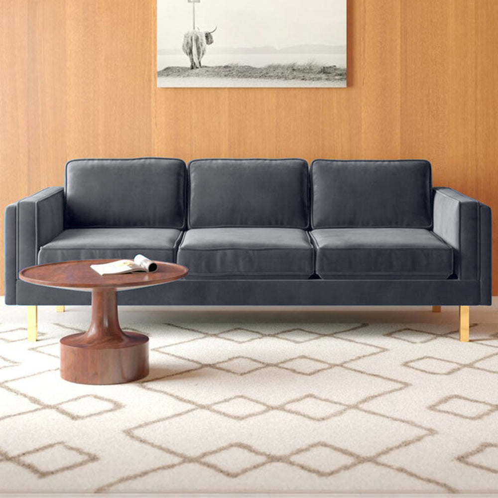Nebula Grey Velvet 3-Seater Sofa with Square Arms - Luxury Living Room Seating, L220cm x W86cm x H81cm - Cotton Home
