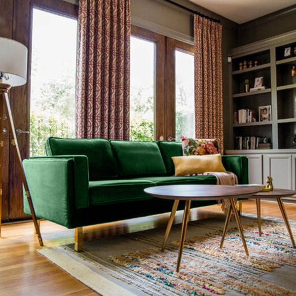 Nebula Green Velvet 3-Seater Sofa with Square Arms - Luxury Living Room Seating, L220cm x W86cm x H81cm - Cotton Home