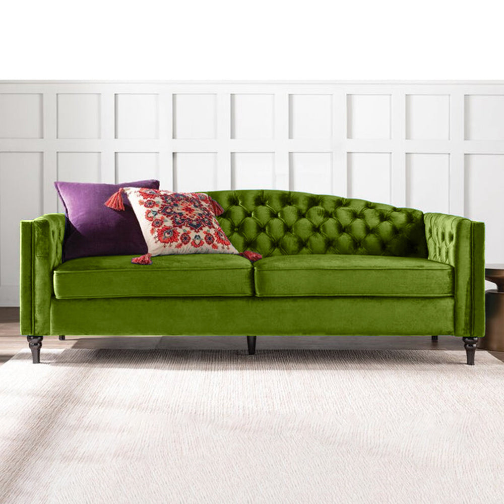 Nova 3-Seater Velvet Sofa with Square Arms L220cm x W60cm x H85cm, Green Comfortable & Stylish Sofa for Living Room