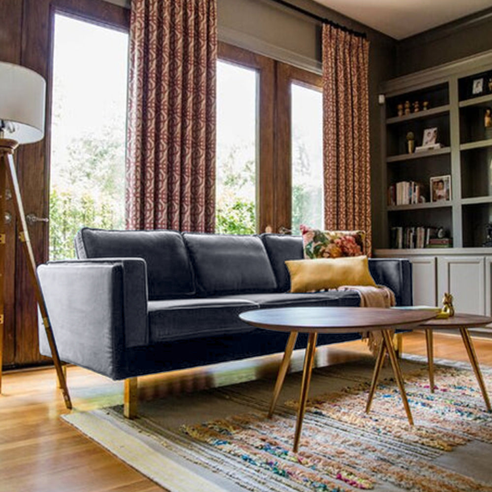 Nebula Grey Velvet 3-Seater Sofa with Square Arms - Luxury Living Room Seating, L220cm x W86cm x H81cm - Cotton Home