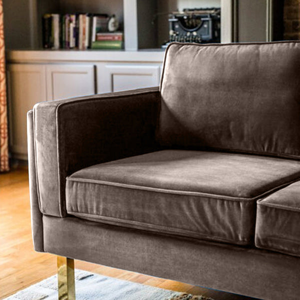 Nebula Brown Velvet 3-Seater Sofa with Square Arms - Luxury Living Room Seating, L220cm x W86cm x H81cm - Cotton Home