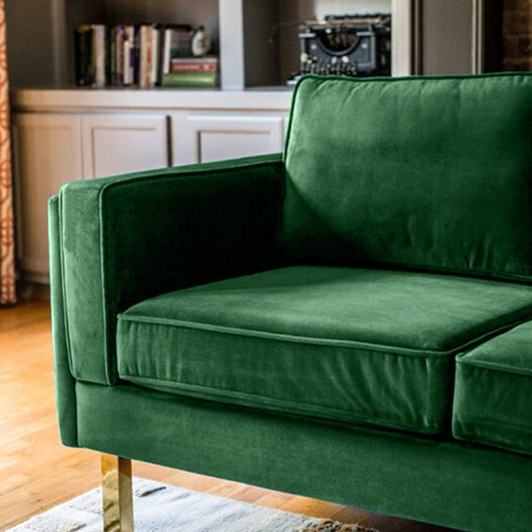 Nebula Green Velvet 3-Seater Sofa with Square Arms - Luxury Living Room Seating, L220cm x W86cm x H81cm - Cotton Home