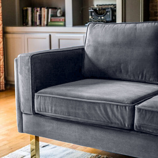 Nebula Grey Velvet 3-Seater Sofa with Square Arms - Luxury Living Room Seating, L220cm x W86cm x H81cm - Cotton Home