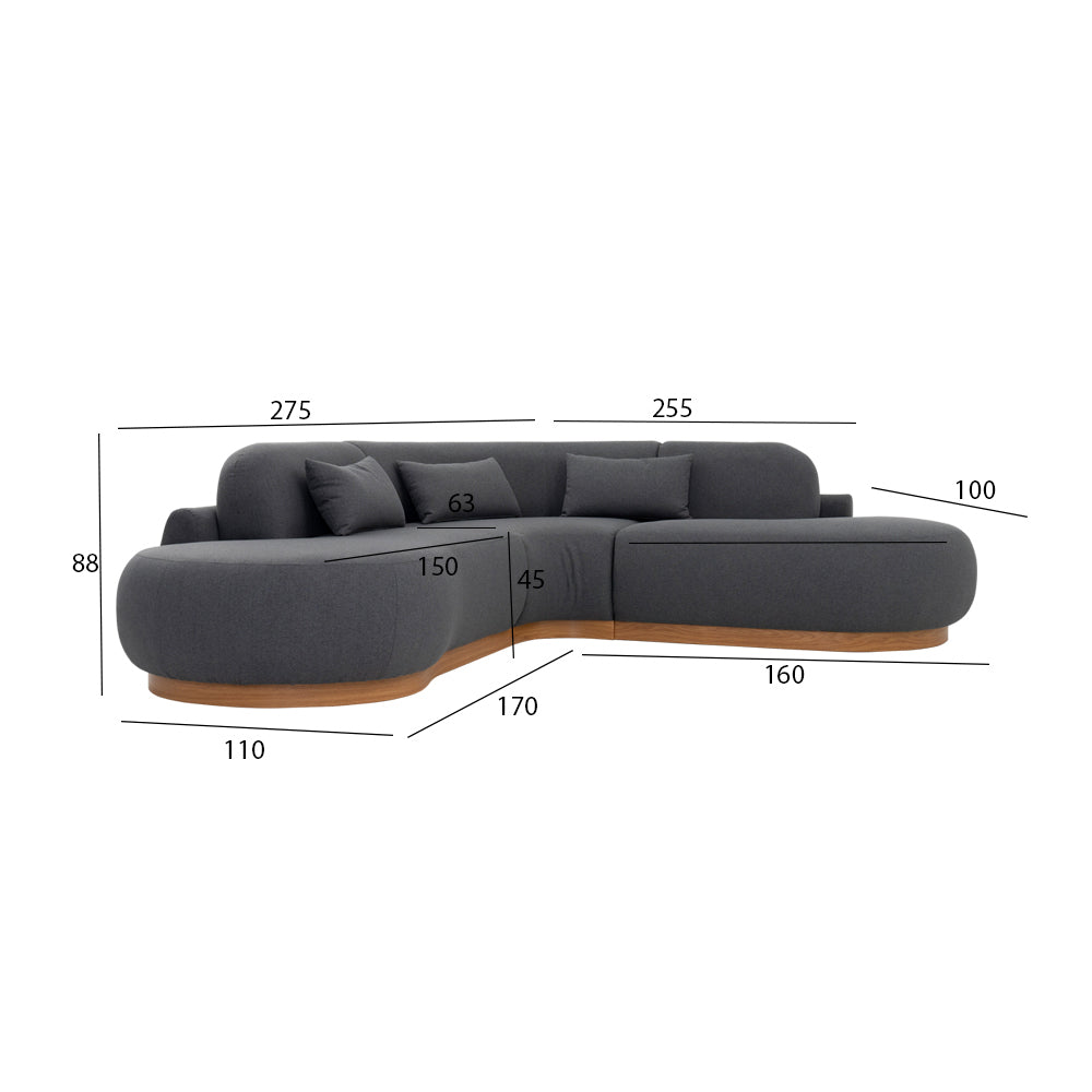 Lorenzo 4 Seater  Corner Sofa Velvet Fabric - Gray -  L245cm x W255cm x H88cm - Cotton Home