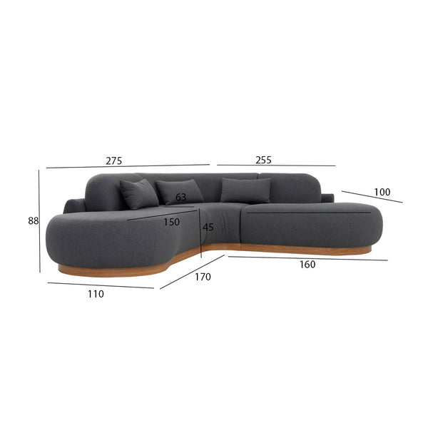 Lorenzo 4 Seater  Corner Sofa Velvet Fabric - Gray -  L245cm x W255cm x H88cm - Cotton Home