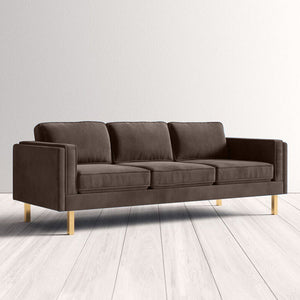 Nebula Brown Velvet 3-Seater Sofa with Square Arms - Luxury Living Room Seating, L220cm x W86cm x H81cm - Cotton Home