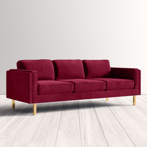 Nebula Maroon Velvet 3-Seater Sofa with Square Arms - Luxury Living Room Seating, L220cm x W86cm x H81cm - Cotton Home