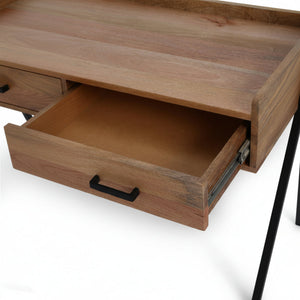Wooden desk with an open drawer on a white background