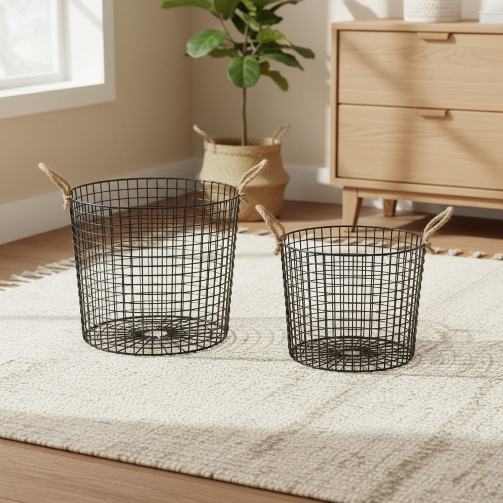 Linny Metal Storage Basket With Rope Handles, Set Of 2 - Black