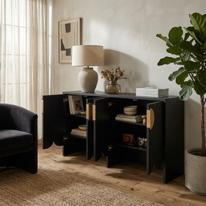Modern living room with a black sideboard, lamp, books, and a plant.