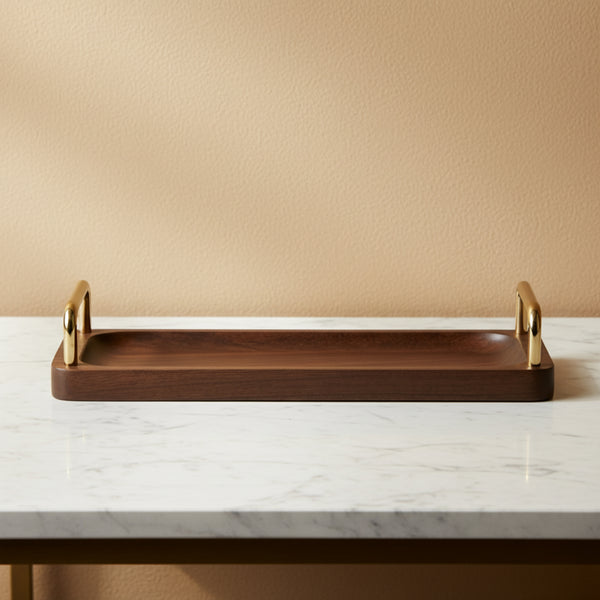 Coco Wooden Tray with Brass Handles, Small - Brown