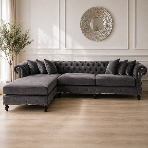 Opulent Oasis 4 Seater Triangle Corner L Shape Fabric Sofa - Gray