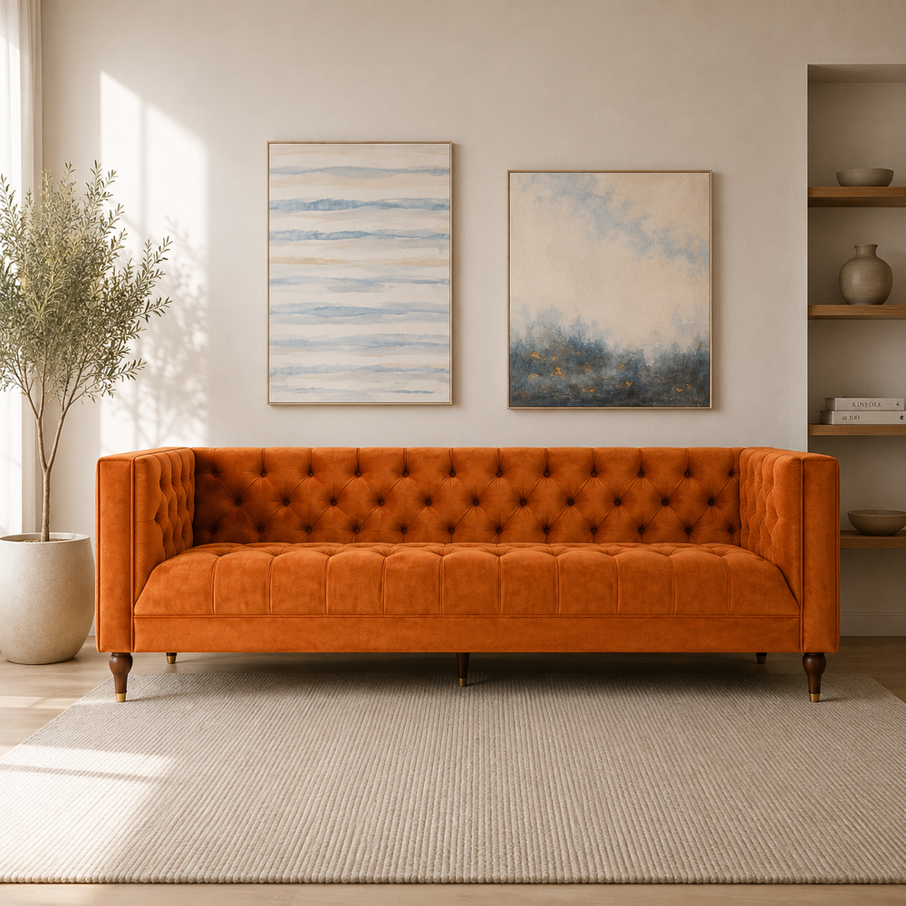 Ector 3-Seater Velvet Tuxedo Arm Sofa - Luxurious Rust Upholstery L220cm x H86cm x W78cm