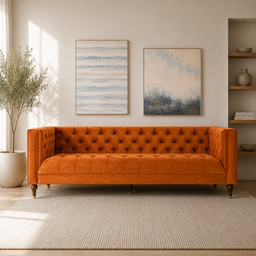 Ector 3-Seater Velvet Tuxedo Arm Sofa - Luxurious Rust Upholstery L220cm x H86cm x W78cm