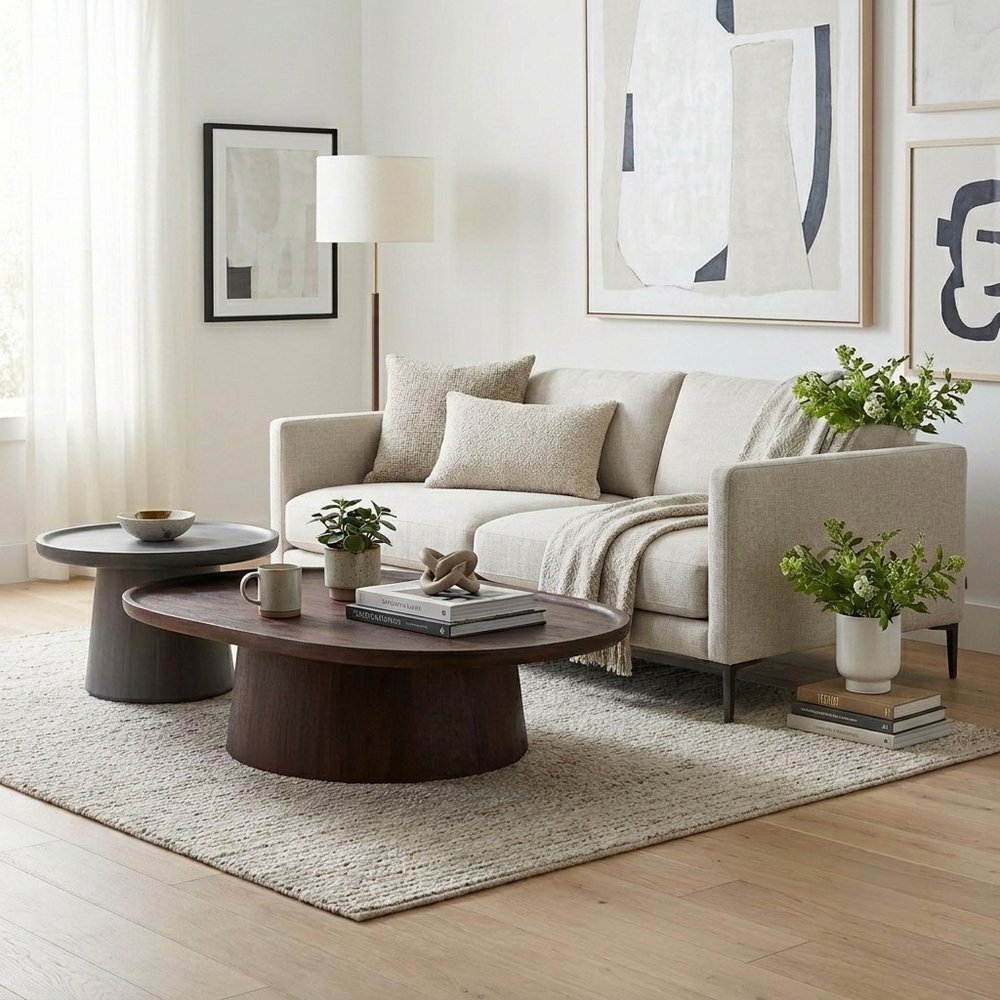 Living room with a beige sofa, wooden coffee table, and decorative items.