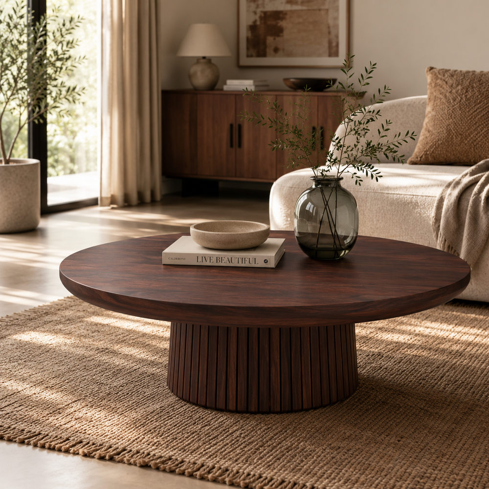 A round dark wood coffee table with a fluted pedestal base, styled in a bright, modern living room with a woven rug, a beige sofa, and a dark glass vase.