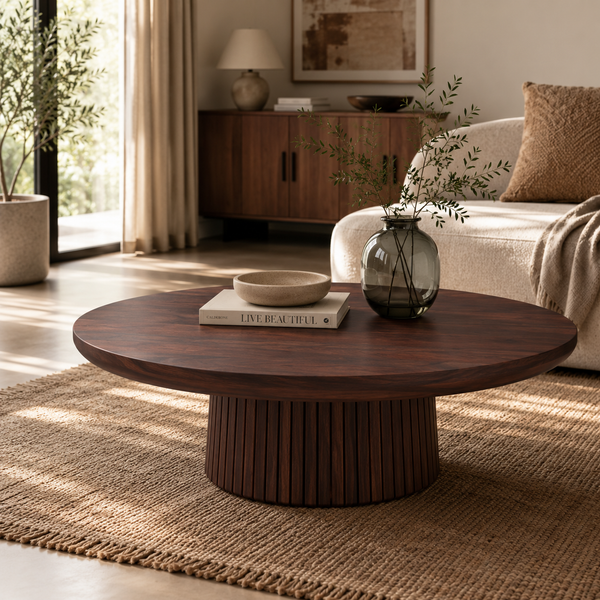 A round dark wood coffee table with a fluted pedestal base, styled in a bright, modern living room with a woven rug, a beige sofa, and a dark glass vase.