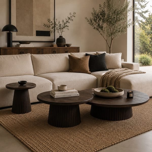 Modern living room with beige sofa, dark wood coffee table, and decorative elements.