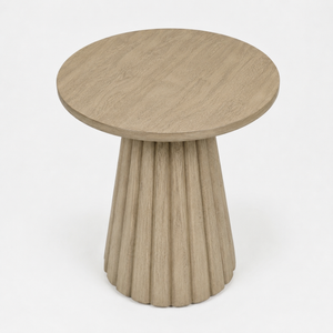 A round side table with a fluted pedestal base, finished in a light beige wood grain finish, shown on a plain white background.