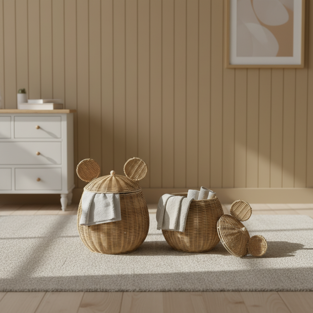 Wicker laundry baskets shaped like bears on a carpeted floor with a wooden wall in the background.
