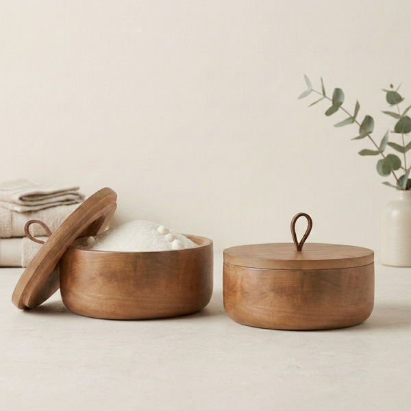 Two wooden containers with lids on a neutral background