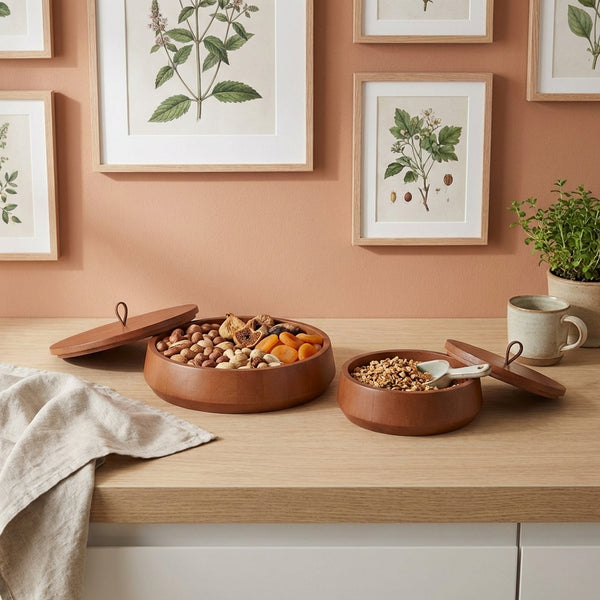 Bowl of snacks on a wooden surface with framed botanical prints on the wall.