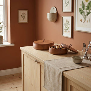 Wooden cabinet with decorative items against a wall with framed botanical prints.