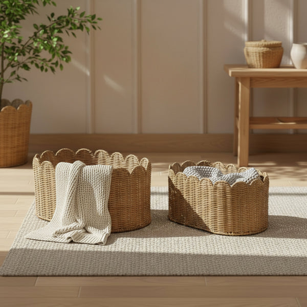 Frill Oval Rattan Storage Basket, Set Of 2 - Natural