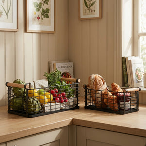 Mesh Metal Storage Basket With Wooden Handles, Set Of 2 - Black