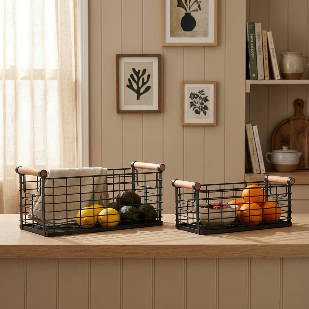 Mesh Metal Storage Basket With Wooden Handles, Set Of 2 - Black
