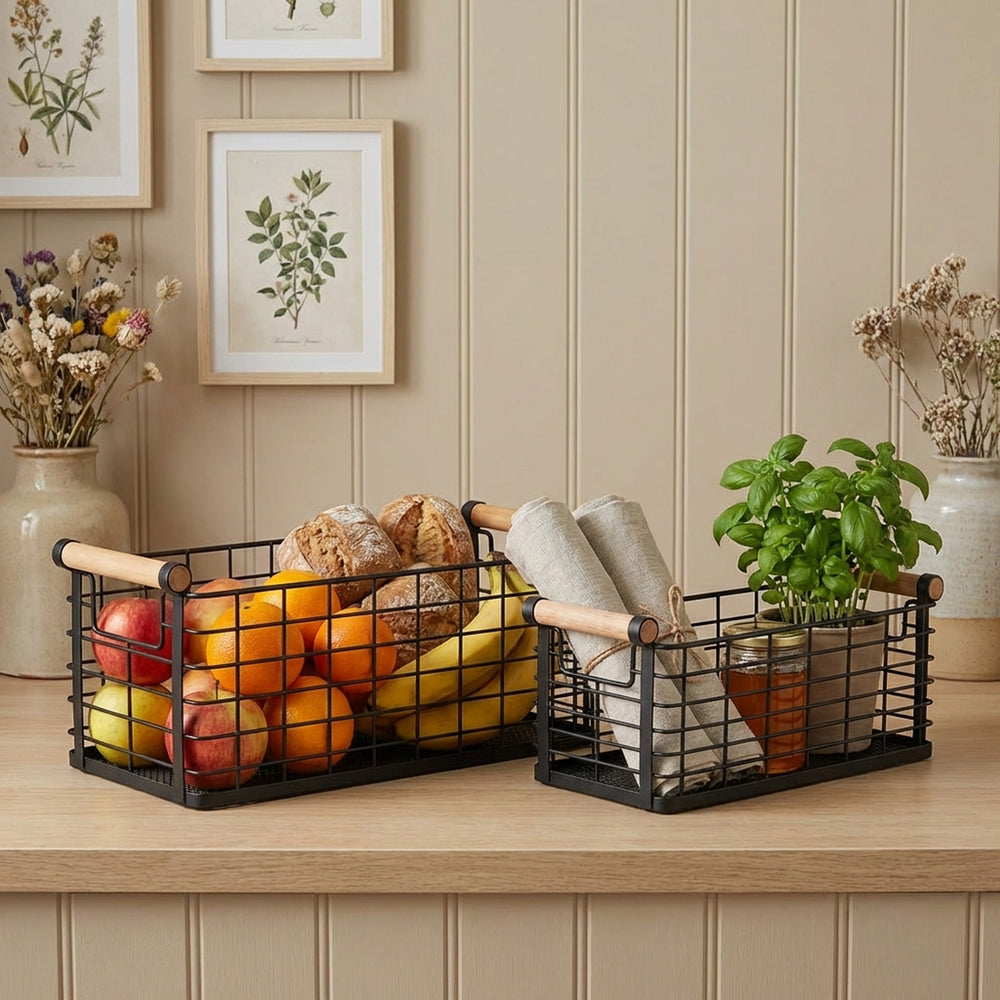 Mesh Metal Storage Basket With Wooden Handles, Set Of 2 - Black