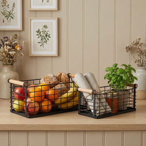 Mesh Metal Storage Basket With Wooden Handles, Set Of 2 - Black