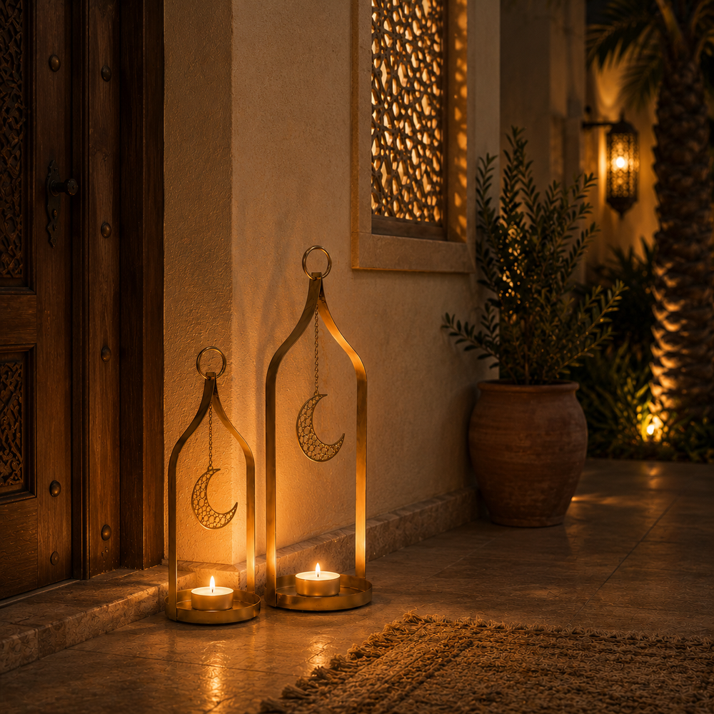 Two gold lanterns with moon designs on a wooden table with candles and books.