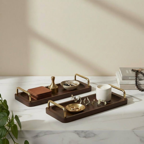 Coco Wooden Tray With Brass Handles, Set Of 2 - Brown