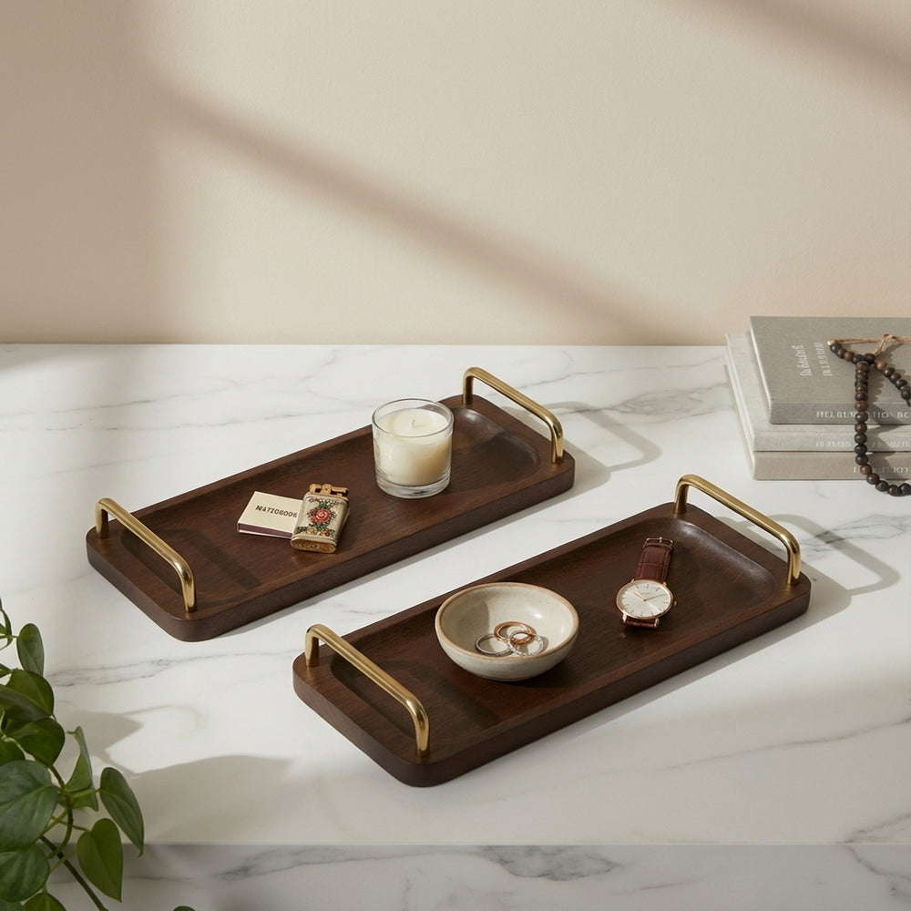 Coco Wooden Tray With Brass Handles, Set Of 2 - Brown