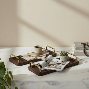 Coco Wooden Tray With Brass Handles, Set Of 2 - Brown