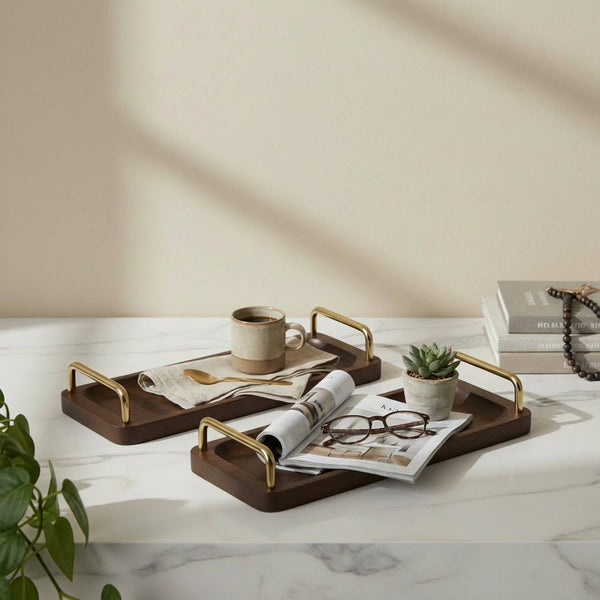 Coco Wooden Tray With Brass Handles, Set Of 2 - Brown