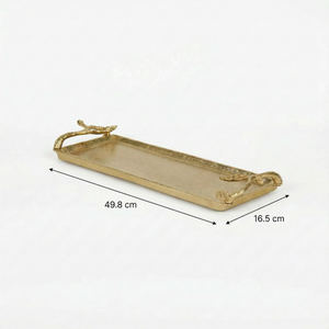 Ziah Rectangle Metal Tray With Ornate Handles, Gold