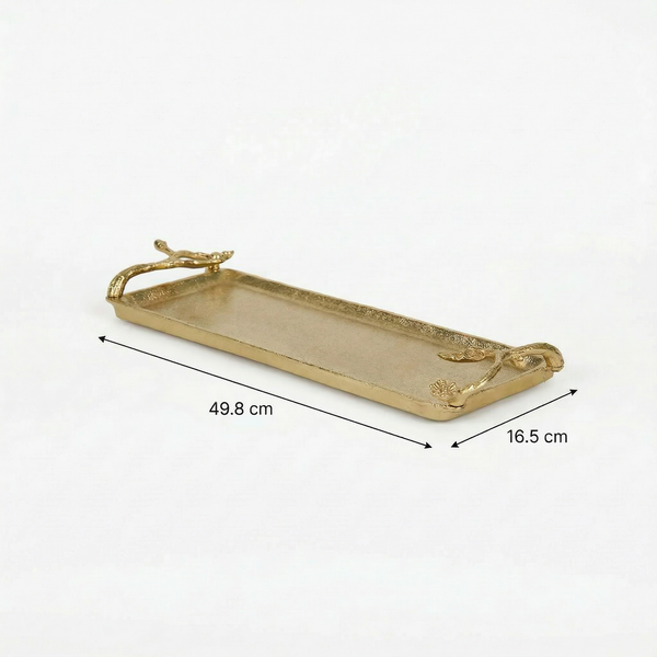 Ziah Rectangle Metal Tray With Ornate Handles, Gold