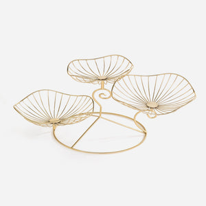 Gold wire fruit basket with three compartments on a white background