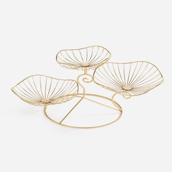 Gold wire fruit basket with three compartments on a white background