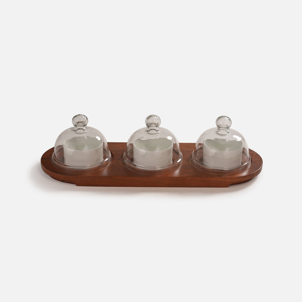 Dome Serving Tray with Metal Bowls- White