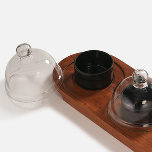 Dome Serving Tray With Metal Bowls - Black