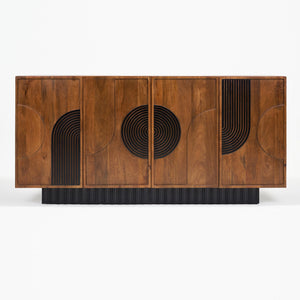 Wooden sideboard with geometric design on a white background