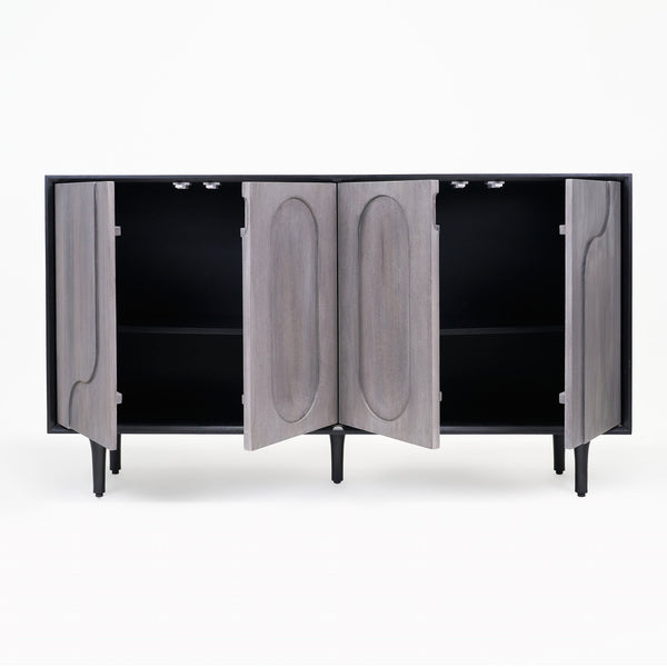 Modern black and gray cabinet with open doors on a white background