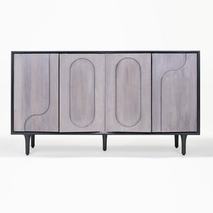 Wooden sideboard with abstract design on a white background