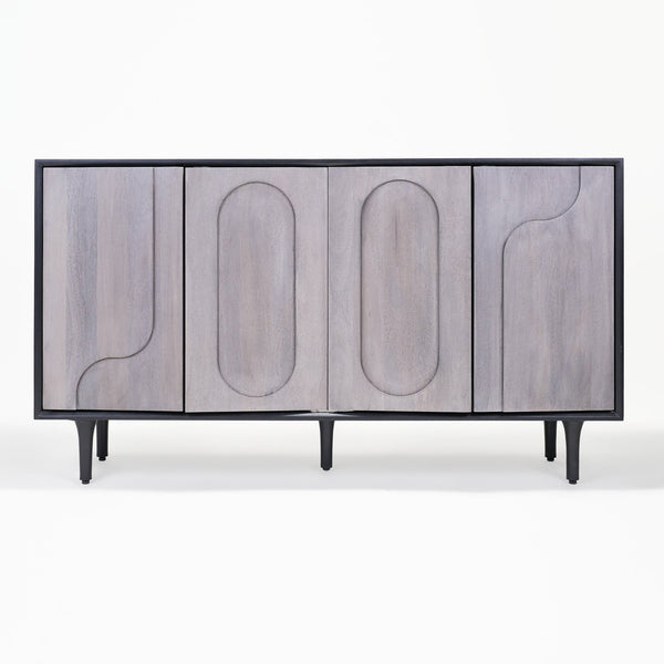 Wooden sideboard with abstract design on a white background
