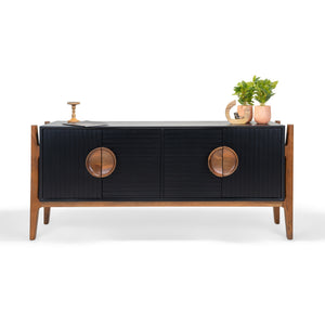 Black cabinet with wooden accents on a white background