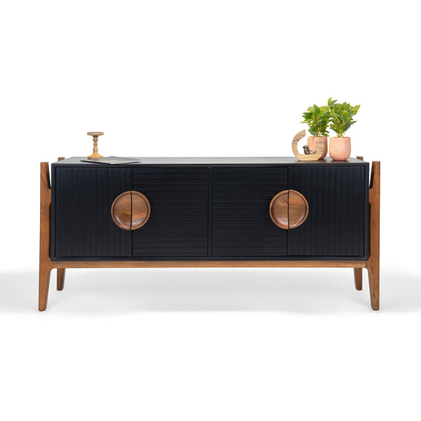 Black cabinet with wooden accents on a white background