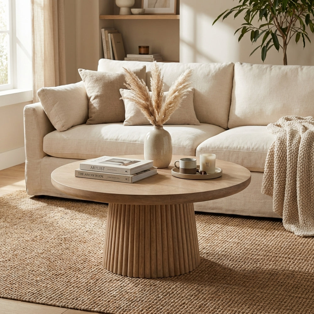 Beige sofa with a round wooden coffee table in a living room setting.